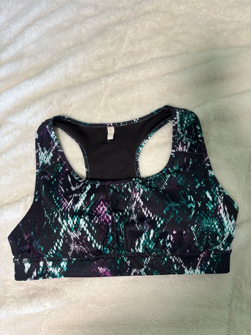 Fabletics Black Sports Active Workout Bra with Teal & Purple Pattern